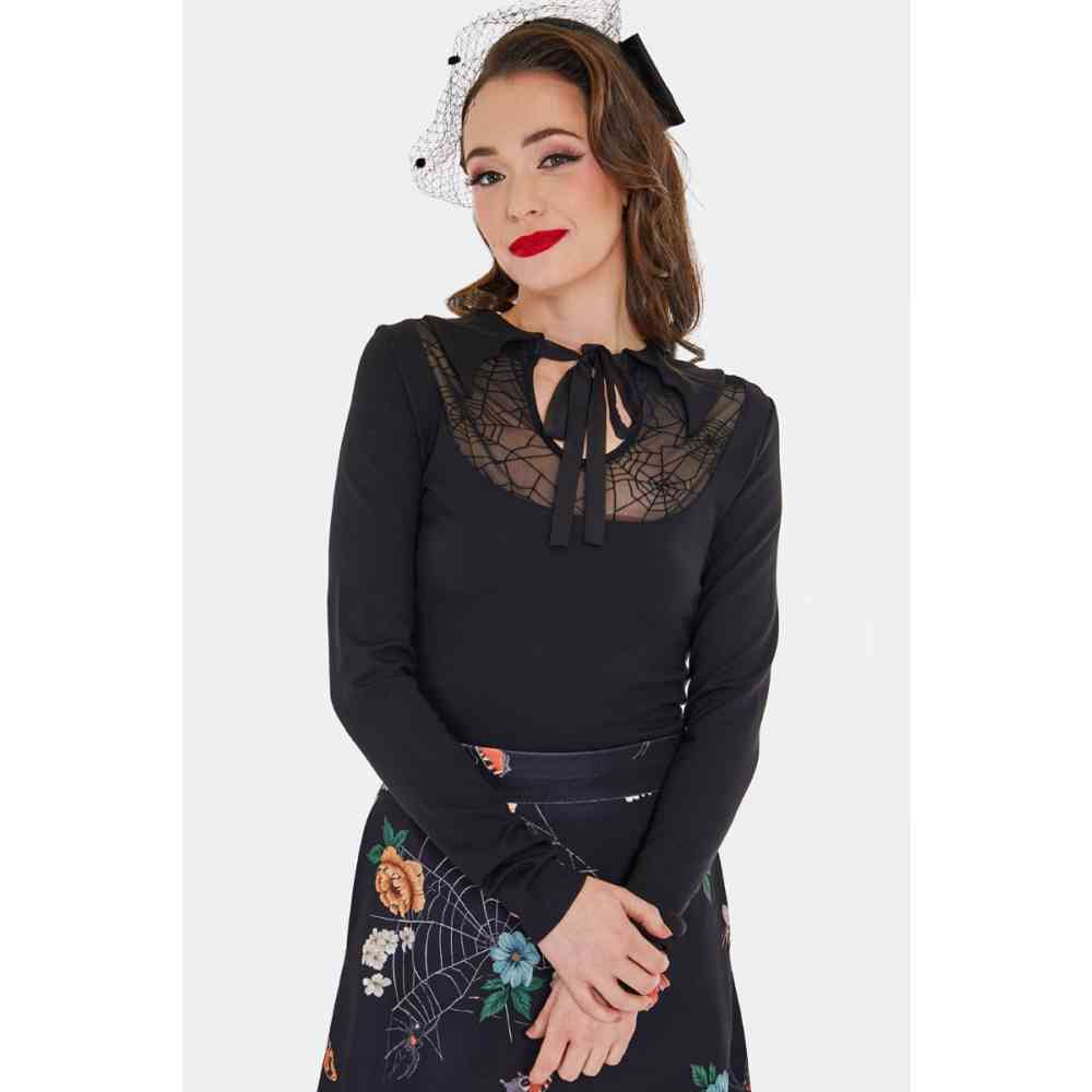 Voodoo Vixen - Bat Collar Web Lace Longsleeve top - Zwart